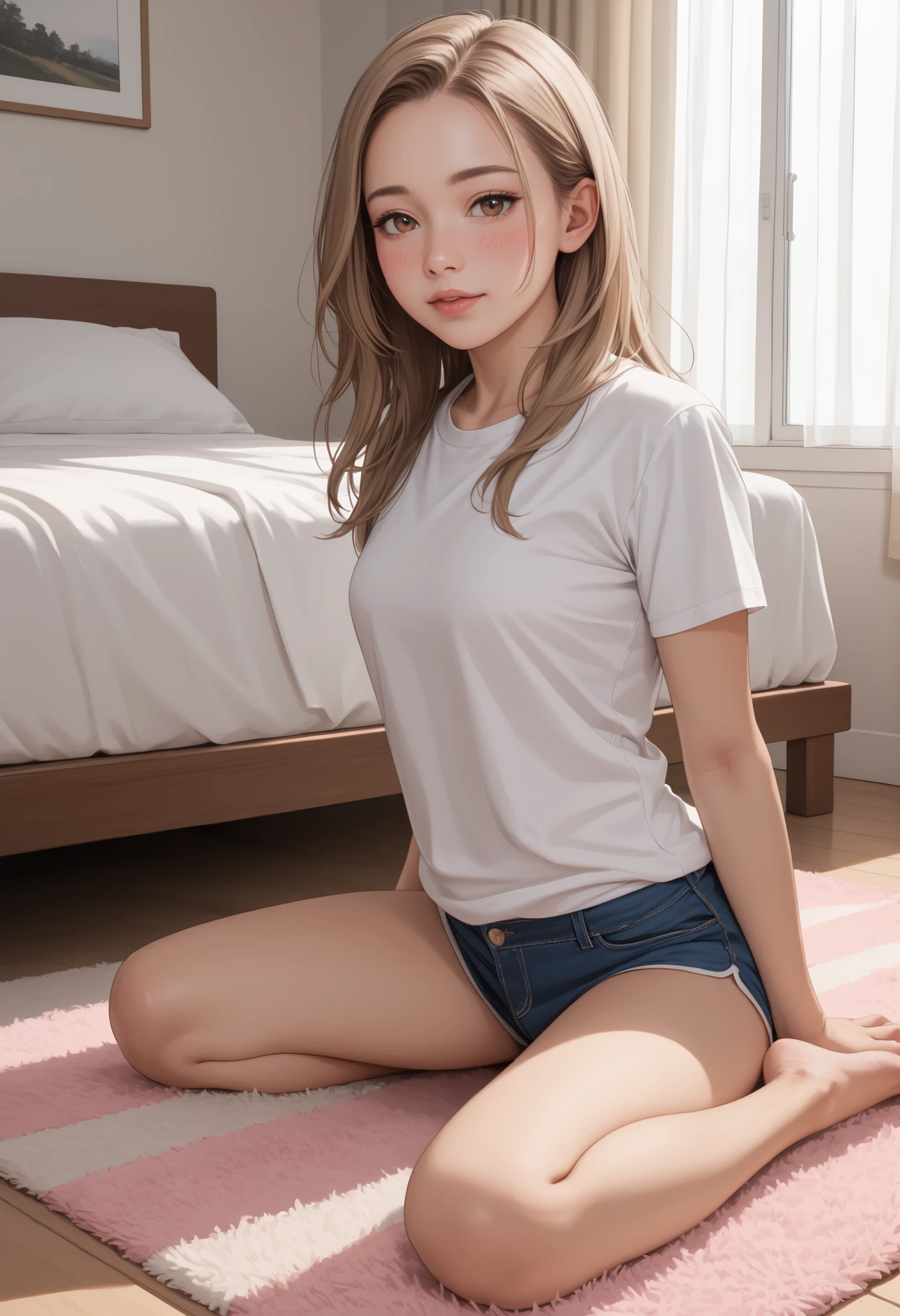 score_9, score_8_up, score_7_up, realistic, nsfw,
looking at viewer, face focus,
white Tshirts,short pants, 
blush,feel so good, 
indoor,  japanese-girl's-room,  curtains, white desk, pastel-color rug, [light brown flooring, bed, ]   