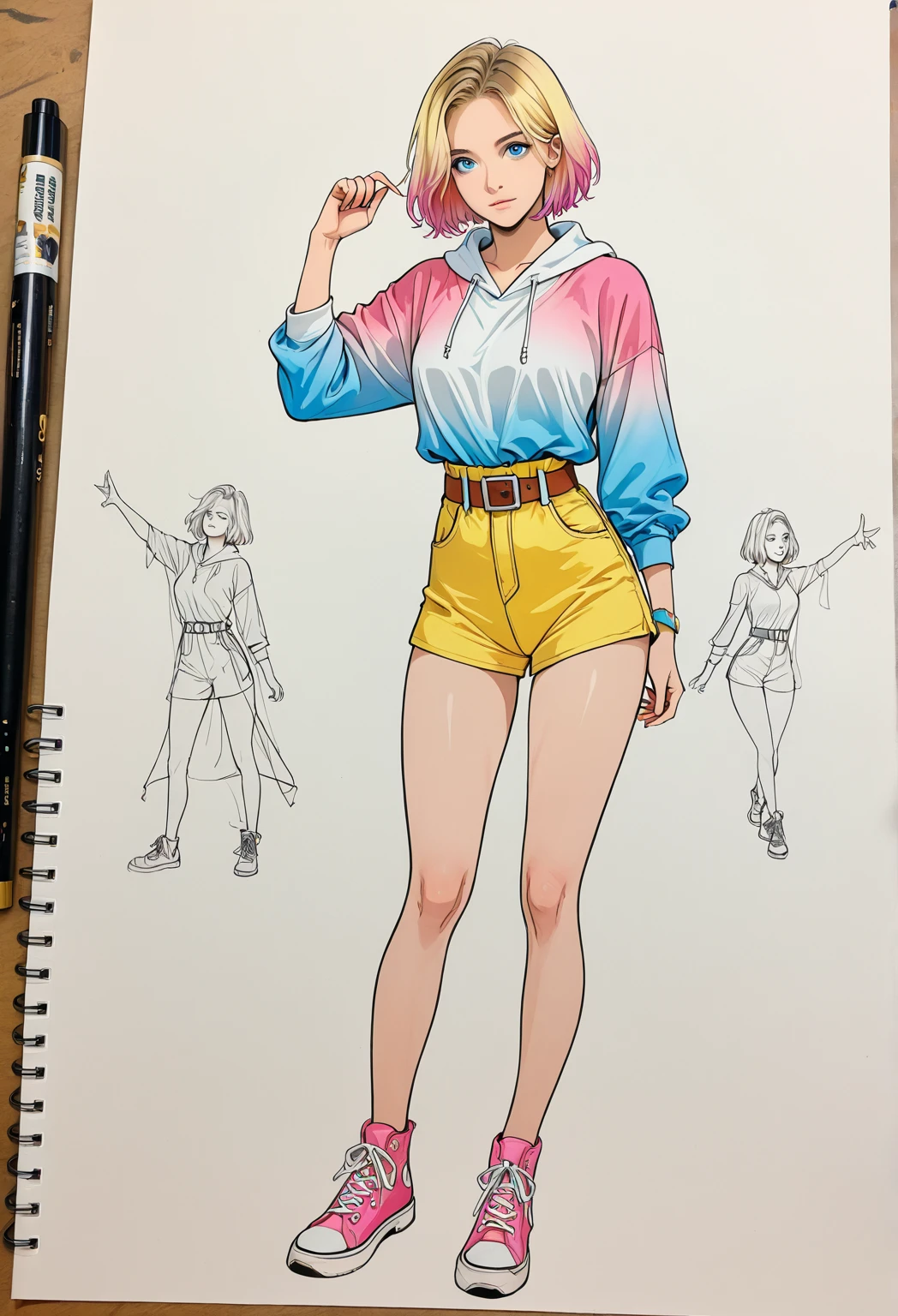 bulma, petite, breasts, 1girl, pink hair, white turtleneck shirt, red pants, perfect anatomy, thigh gap, illustrated, cropped-fc, <lora:cropped-fC_v1.0:0.5>, comics style, analog style, illustration, lineart, paper, pencil, drawing coming to life, half drawing, half human