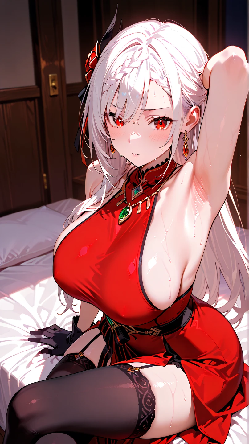 Silver and long hair、Red eyes、woman、美しいwoman、Large Breasts、White Machine Skin、The whole body of the machine、Mechanical joints、A mechanical body made entirely of red and white、sword、A revealing red and white Chinese dress、Cheongsam with cleavage visible、chinese style background、indoor、During sexual intercourse、On the bed、orgasm、Ahegao