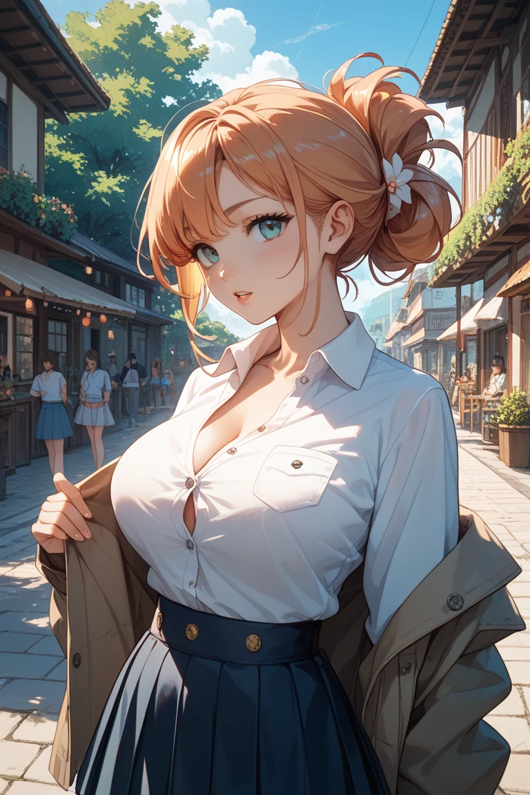 (masterpiece:1.2, Top quality), (Practical, photoPractical:1.4), Nice illustration, (Natural side light, Movie Lighting), 
Looking at the audience, 1 girl, Japanese, High school girl, perfect face, Cute and symmetrical face, Glowing skin, baby face, 
(Long hair, Straight Hair, temple, (blond)), side fringe, blue eyes, (Medium Breast, Attractive thighs, Big Ass), perforation, 
beautiful hair, Pretty Face, Beautiful and delicate eyes, Beautiful clavicle, Beautiful Body, Beautiful breasts, Beautiful thighs, Beautiful legs, Beautiful fingers, 
(((Brown cardigan, Close up of clothes), White collared shirt, Black Plaid Pleated Miniskirt)), 
(Beautiful scenery), night, (Coffee Shop), permanent, (Lovely smile, Upper Eye), （（Huge breasts）），Grooves reveal original skin
