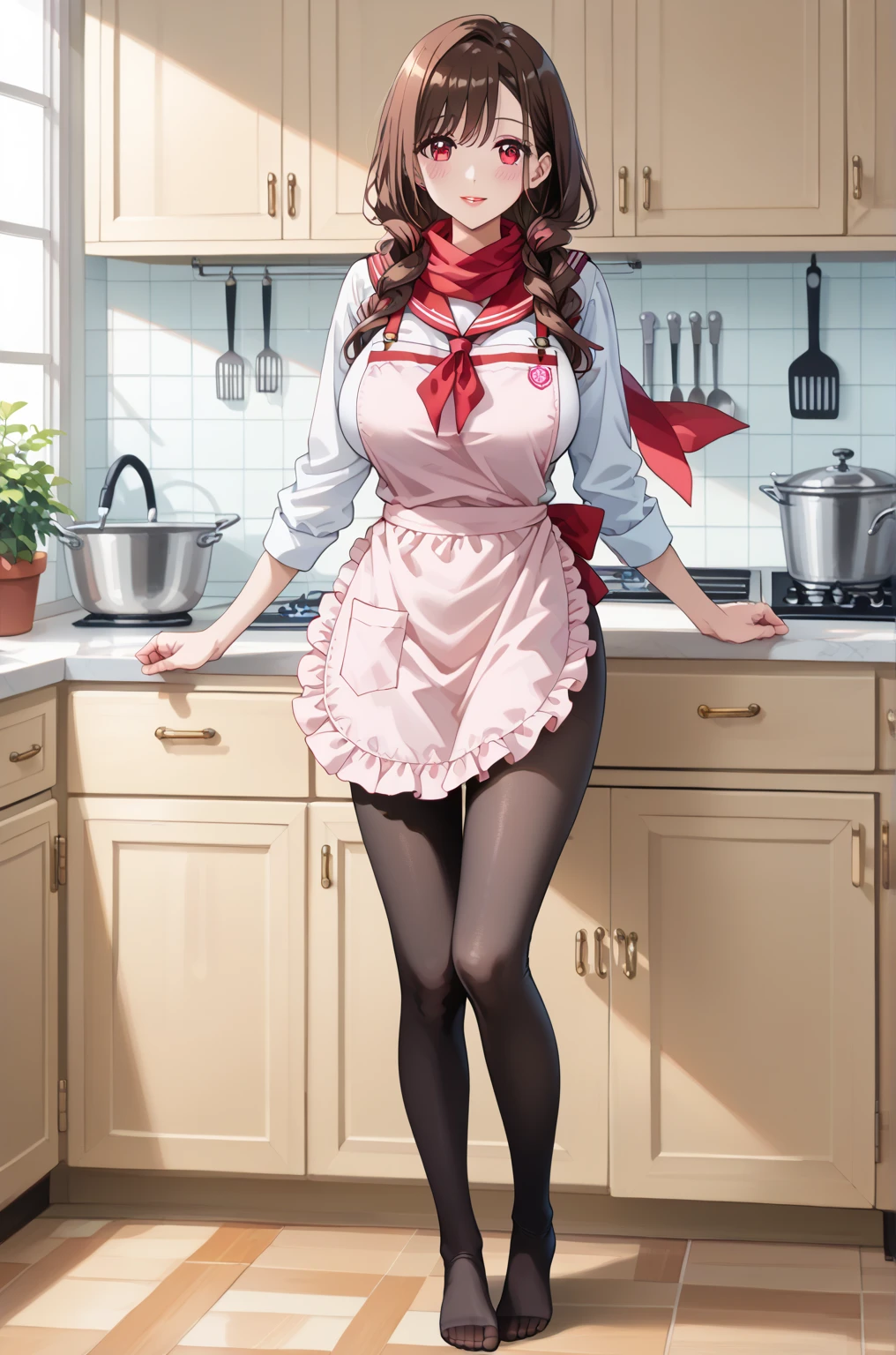 (huge ass) Beautiful adult woman wearing red and black frilly saloon girl costume, skinny, slim and thick, small waist, 8K, Karabet, brothel, UHD, (Booty that emphasizes curvaceous beauty)