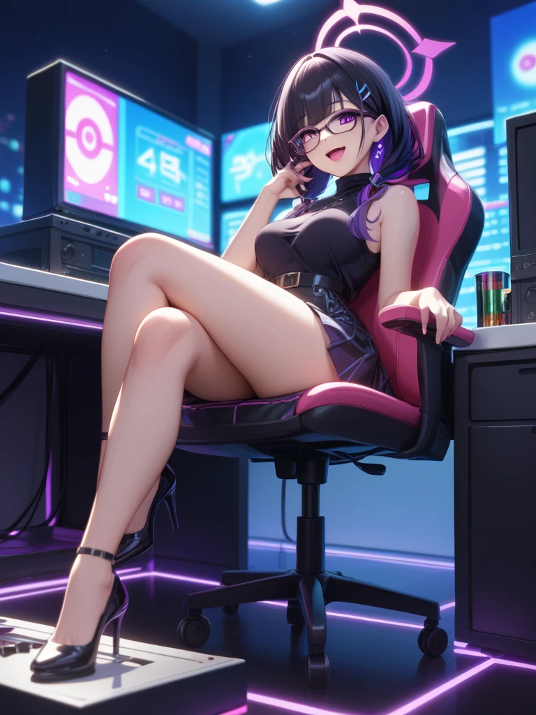 (masterpiece), (best quality),chair, (solo), looking the viewer, cyberpunk, high heelsextremely detailed,shorts with black stockings, blue bikini, fine eyes, smile,dynamic pose, short pink hair,cap,fingerless glove,glasses.