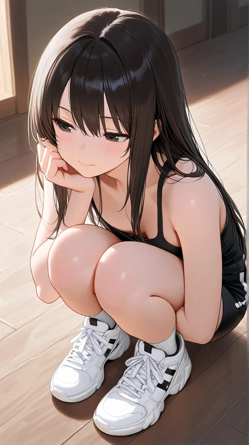 1girl in、A smile、Underwear、Cute underwear、Upper body portrait、Squatting panchira、