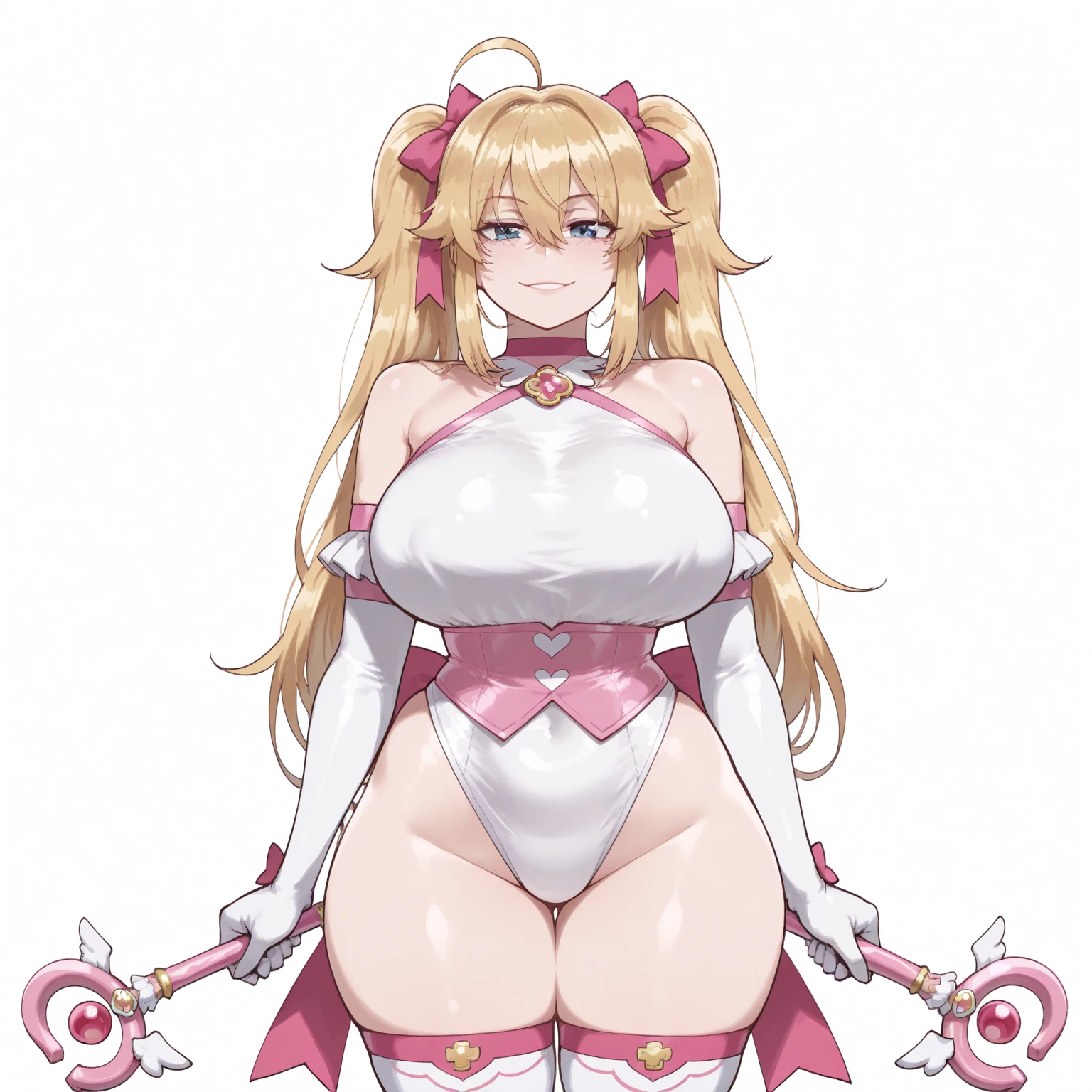 (One girl)、medium length hair、(sidelock)、((Blonde))、(slan eyes)、（boyish）、(Big super breasts)、((Chubby))、、(Priest)、(Futanari)、pink leotard、White sleeveless、thigh-high socks thighhighs、(long gloves)、hairs between eyes、(coarse hair)、[flipped hair]、pink eye、say、(Erotic squatting)、 two side up、White Background、