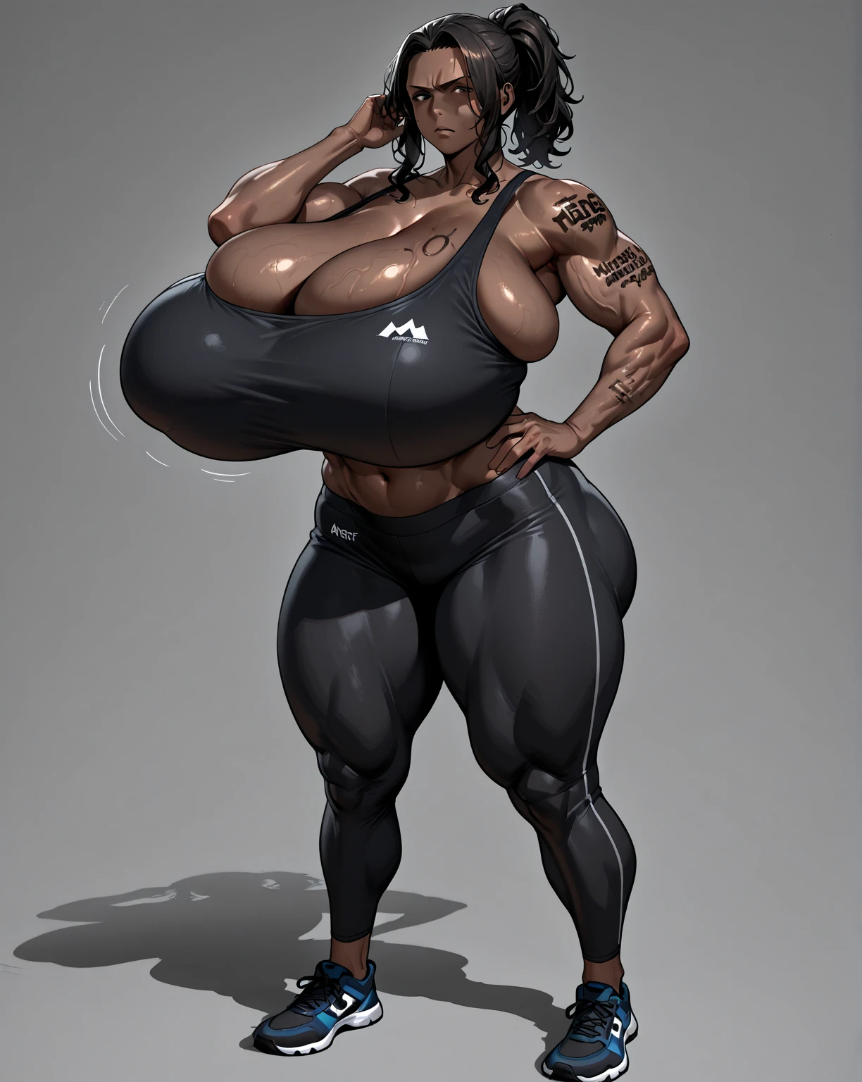 ((masterpiece)),(((best quality))),((character sheet)), ((full body view)) ((african queen)) ((afro)) ((seductive pose)) mature face, defined cheekbones, high cheekbones, illustration, girl, muscular, ((afro:1.4)), sexy bimbo, (gigantic breasts:1.7) brown hair, ((detailed face:1.4)) beautiful woman, (yellow leotard:1.4), (gold hoop earrings:1.6), (thighhighs:1.4) (yellow lipstick:1.5) , shiny skin, scribbles and marks,(puffy lips:1.5) , rough sketches, 8k,16k, (simple background, white background: 1.3), yellow and black color palette, brown legs, orange arms, (black skin:1.7)