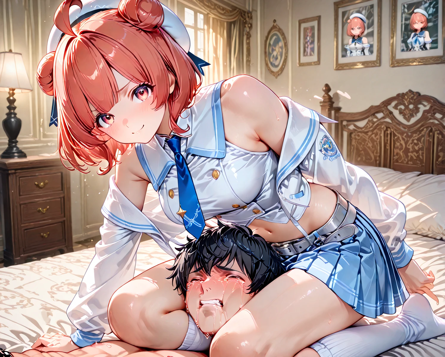 One girl, blue eyes, Long Hair, Brown Hair, Side Lock, Low Ponytail, ribbon, dress, White shirt, Puffy sleeves, Short sleeve, Red Skirt, Cape, Blue Pantyhose, ,Young Girl,From the back,Intense penetration sex,Creampie Sex,Rape makes me feel good,At the peak,Heart Pupil,♡ranbu
