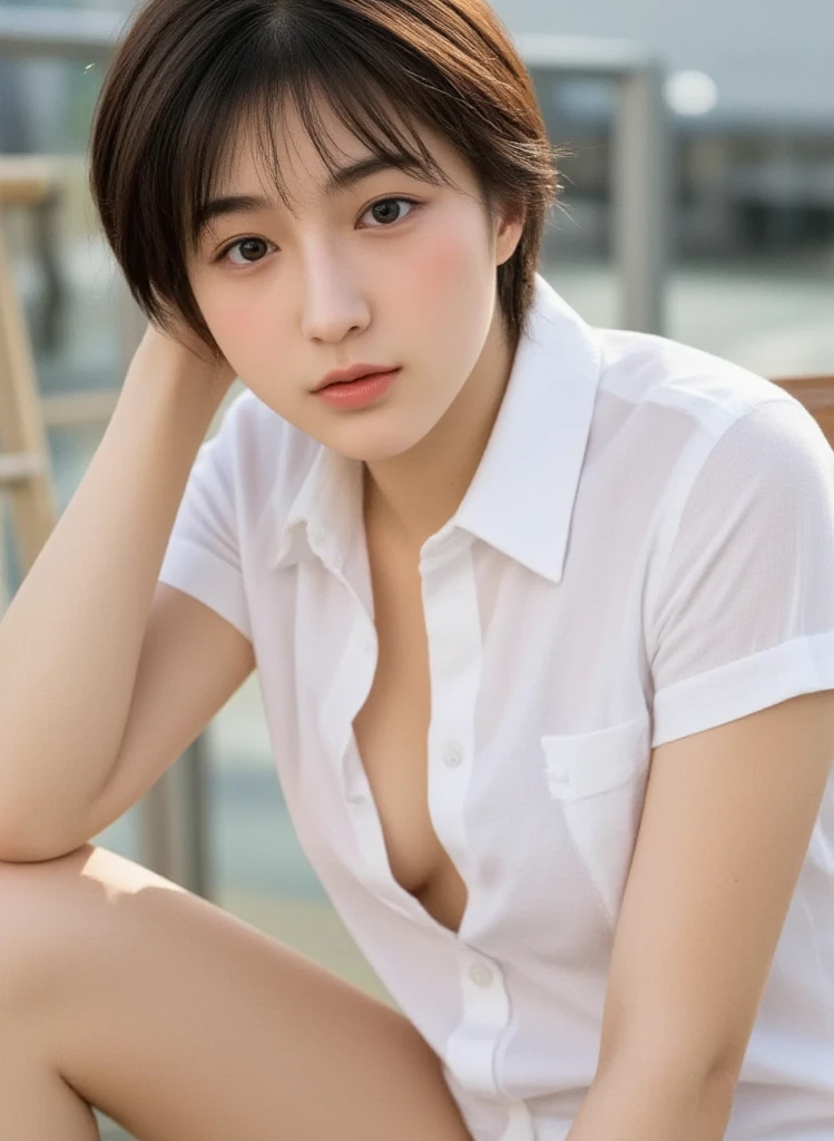 (8k), (highest quality: 1.2), (Realistic), (Realistic: 1.37), Ultra-high resolution, (1 girl), cute, A shy smile, Mouth closed,(Red cheeks with embarrassment:1.3), Beautiful details, Beautiful Nose, Black short bob hair, bangs,Giant Dulcefo,University Uniforms,(Simple white Y-shirt:1.5),(Pleated dark blue skirt:1.3),(Sitting:1),(closed up shiny legs:1.2),(From the side),Bring your face closer