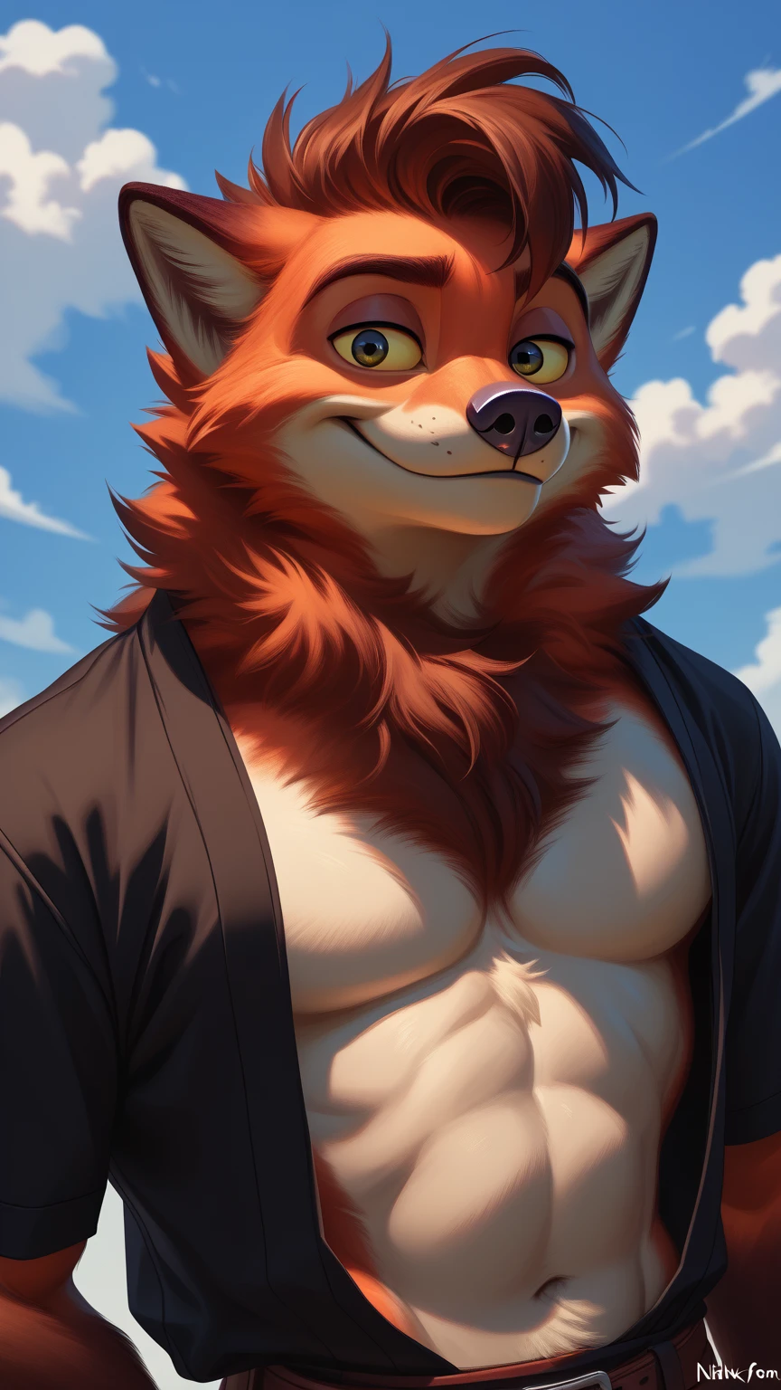 (((Delphox))), fox, anthro, full body shot, ((red robe pants)), showing pecs, male, solo, adult, ((muscular abs)), ((huge pecs)), ((nipples)), high details, beautiful eyes, detailed eyes, older, detailed muscles, (living room), detailed face, smiling, looking at viewer, (seductive face), bodybuilder body, huge muscles, hunk, beefy by bruteandbrawn, by raccoon21, by personalami, by chunie, by kenket, (intricate, high detail, film photography, soft focus, RAW candid cinema, photorealism, realistic, photorealistic, analog style, subsurface scattering, masterpiece, best quality, ultra realistic, 8k)