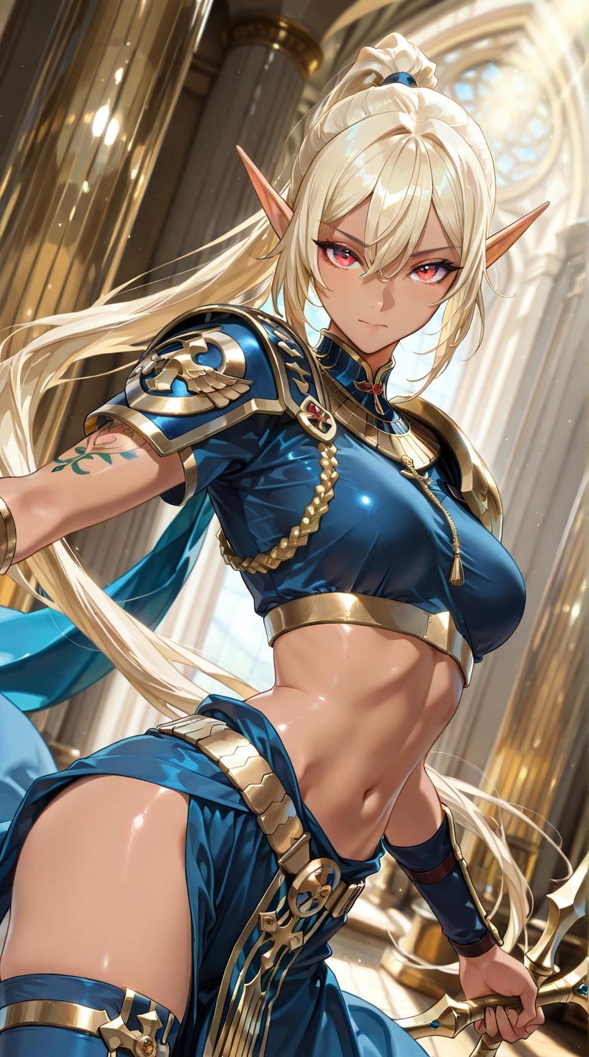 Beautiful images,Detailed Images,Official image,(Background of the base),One Woman,Blonde,Red Eyes,Ponytail Hair,Model body type,(Dark Skin:1.3),Elf Ears,Large Breasts,(Bioarmor:1.3),Smile small,