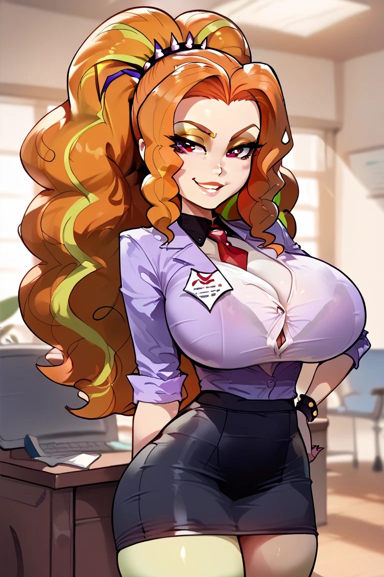 1 girl, stewardess, Best quality, masterpiece, cowboy shot, orange hair, green eyes, Tight cloth, pencil skirt, ((( huge fake breasts:7.9 )))