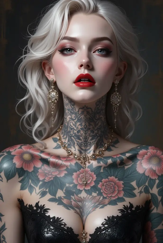 (Best quality, 4k, 8k, highres, masterpiece: 1.2)
A stunning image of a sensual woman, depicted in ultra-high definition.With short white hair cascading gently down her shoulders, her naked body is adorned with intricate tattoos, creating a captivating allure. Her shaved pussy is delicately highlighted in the soft intimacy of the setting, her detailed eyes and lips adding depth to her expressive gaze. The skin texture is so vividly reproduced that it appears almost tangible, with subtle lighting enhancing the pale hues of her complexion and the vivid colors of her tattoos. (Realistic, photoreal