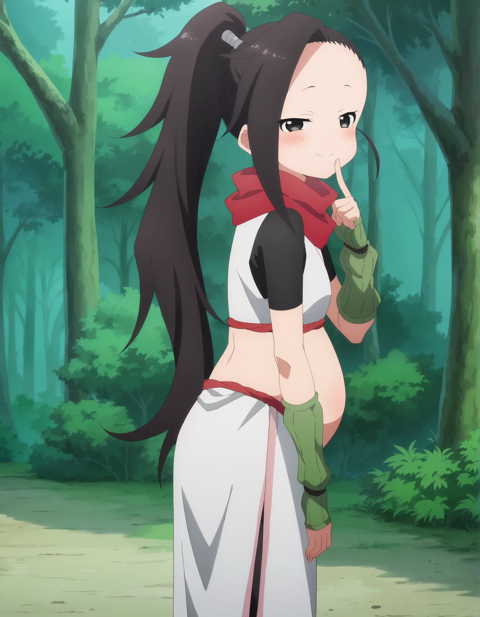 score_9, score_8_up, score_7_up, score_6_up, score_5_up, score_4_up , anime coloring, anime screencap, source_anime, anime,uncensored ,BREAK1girl,kunotsubaki, black eyes, black hair, long hair, asymmetrical bangs, forehead, high ponytail, ponytail, dres, white dress, short sleeves, black sleeves, red scarf, scarf short sleeves, long dress, standing, green gloves, arm warmers, fingerless gloves, sandals, BREAK, side, looking from side, tree, forest, smile, half-closed eyes, blush, finger to mouth, looking at viewer, pregnant, pregnancy, pregnant belly, hand in belly.