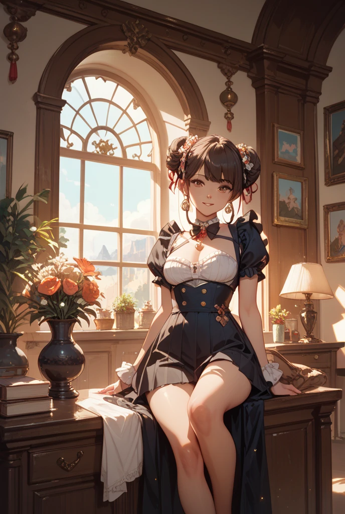 anime woman in a circus performer costume, sitting in the circus back room, alone, neutral face, cute and whimsical but slightly creepy, medium length hair, sleeveless.