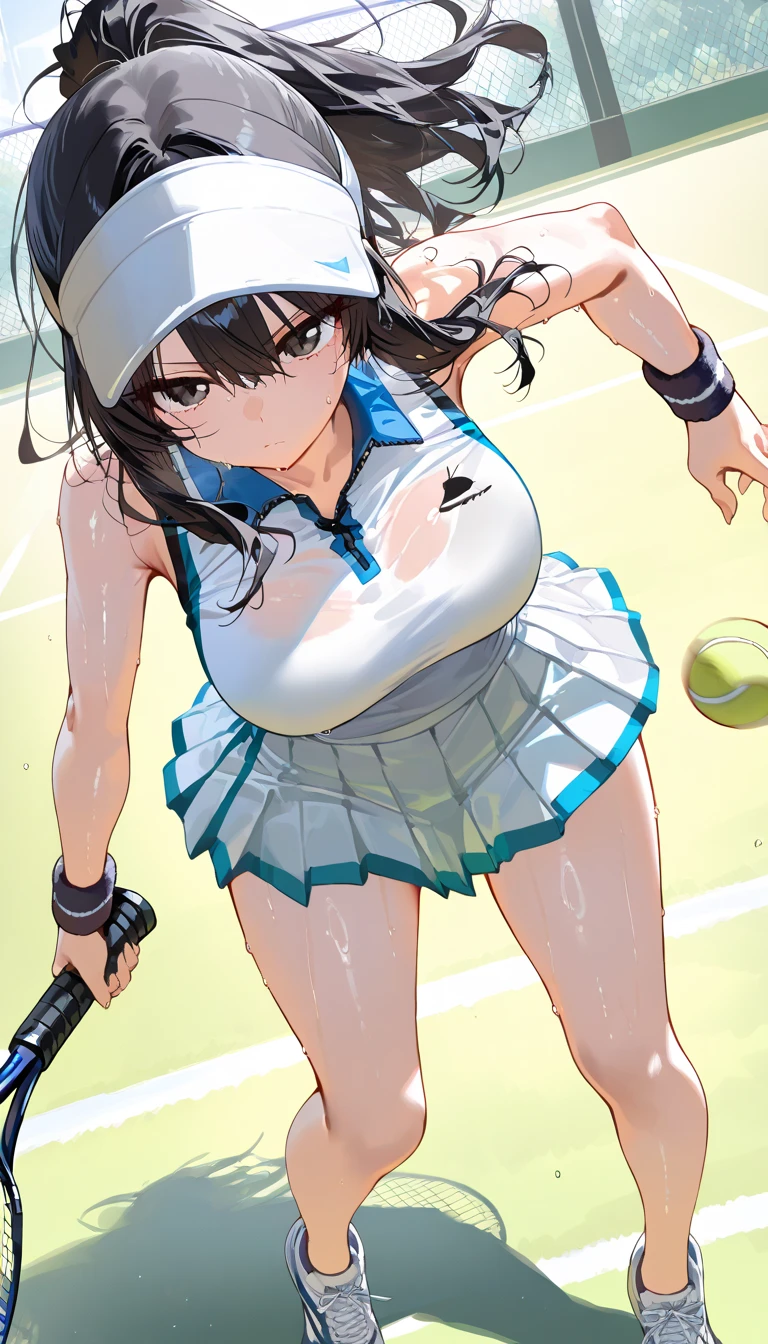 One Woman、beautiful girl、high school girl、tennisコート、Sun visor、tennisウェア、mini skirt、ponytail、Long Hair、tennis、The stands are full、tennisラケットを持つ、Highest quality, Thick thighs、Big 、Big Ass、Black Hair、Sweaty body、Fullback panties、tennisボールを打ち返す、tennisラケットを振る、tennisボール、Hit the serve、Cowboy Shot、Bra is visible through