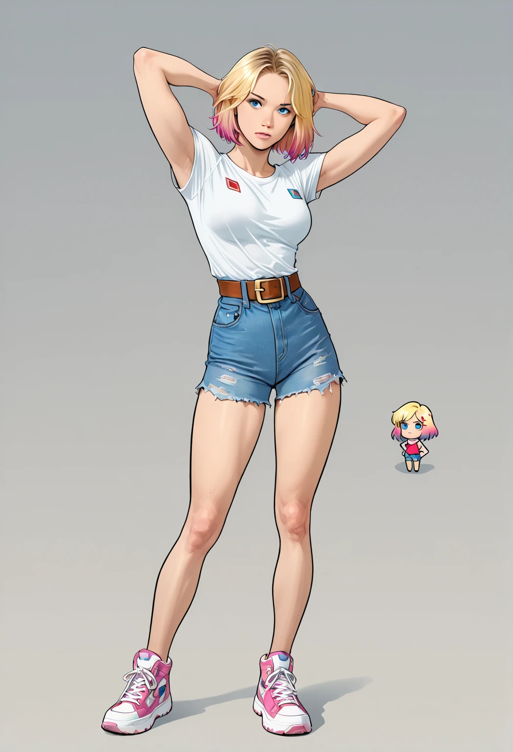 (Masterpiece, SFW)) full-body close-up, android 18 from dragon ball, lustful smirking smile expression (red blush), (1girl), slim figure)