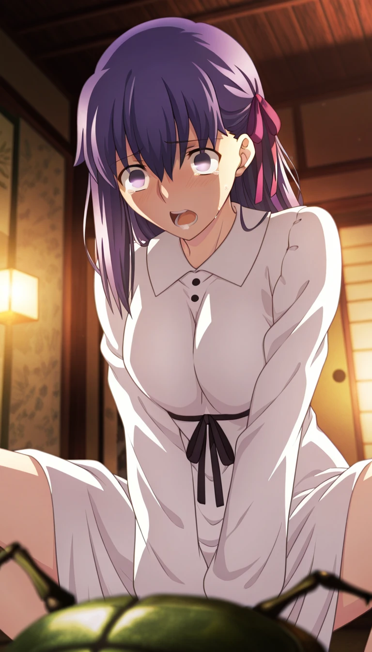 One Girl，furude rika，(masterpiece、Highest quality)，Big eyes，Purple Eyes、Purple long hair、Shrine maiden、White kimono、White 、bangasterpiece, Highest quality) detailed, 北条鉄平にrapeされる少女、rape,ampie otheale、（standing doggy Sex, dd, transforion, Standing on tiptoes, dd ,Sex , Sex） ,(((Orgasxpress))),panicw Eyes、Are crying、Watery eye、Anxious expression,Open your mouth、 Drooling,Open your mouth,