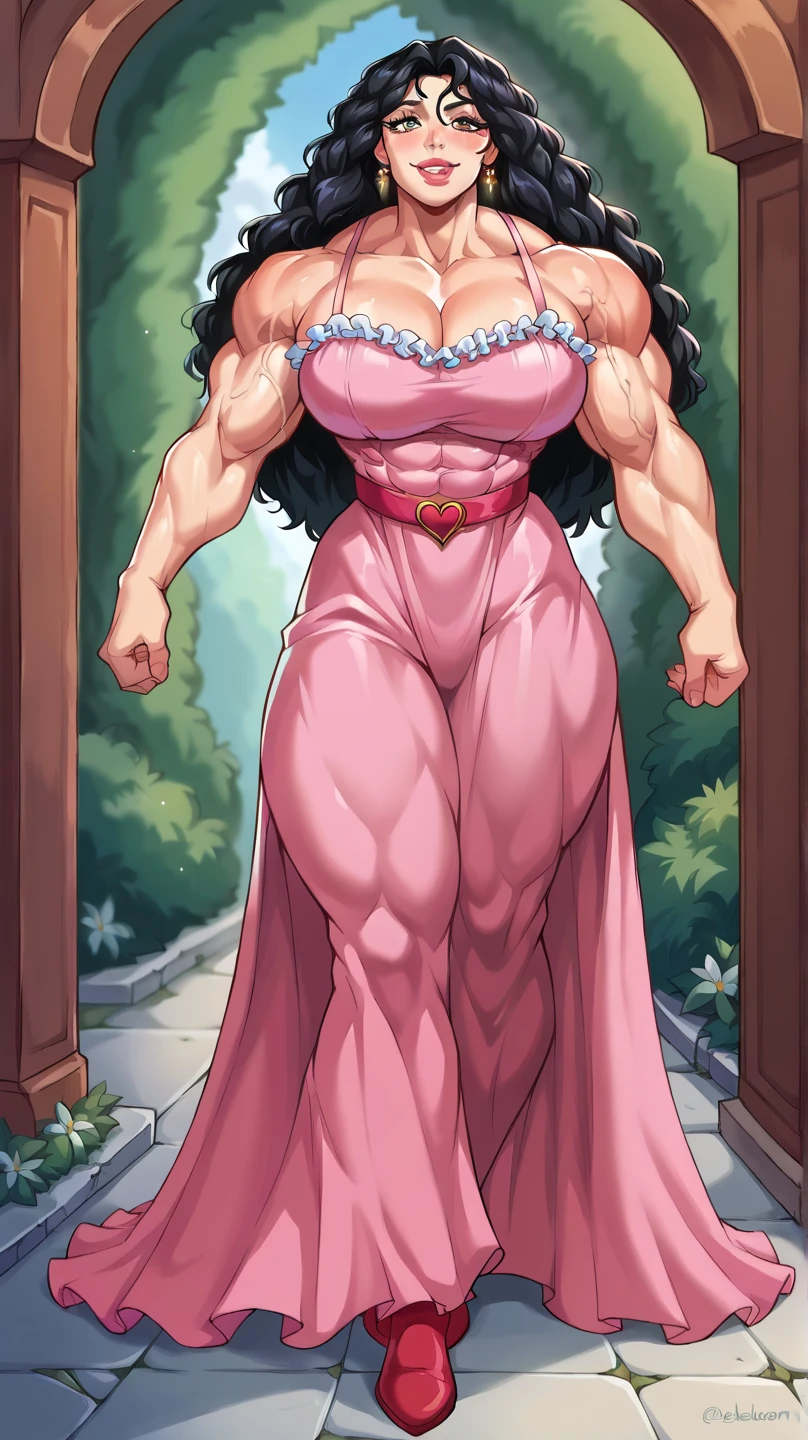 Femboy, long hair, blue eyes, gigantic muscular body, princess dress, big breasts, erect penis with big balls, 4 arms, full body.