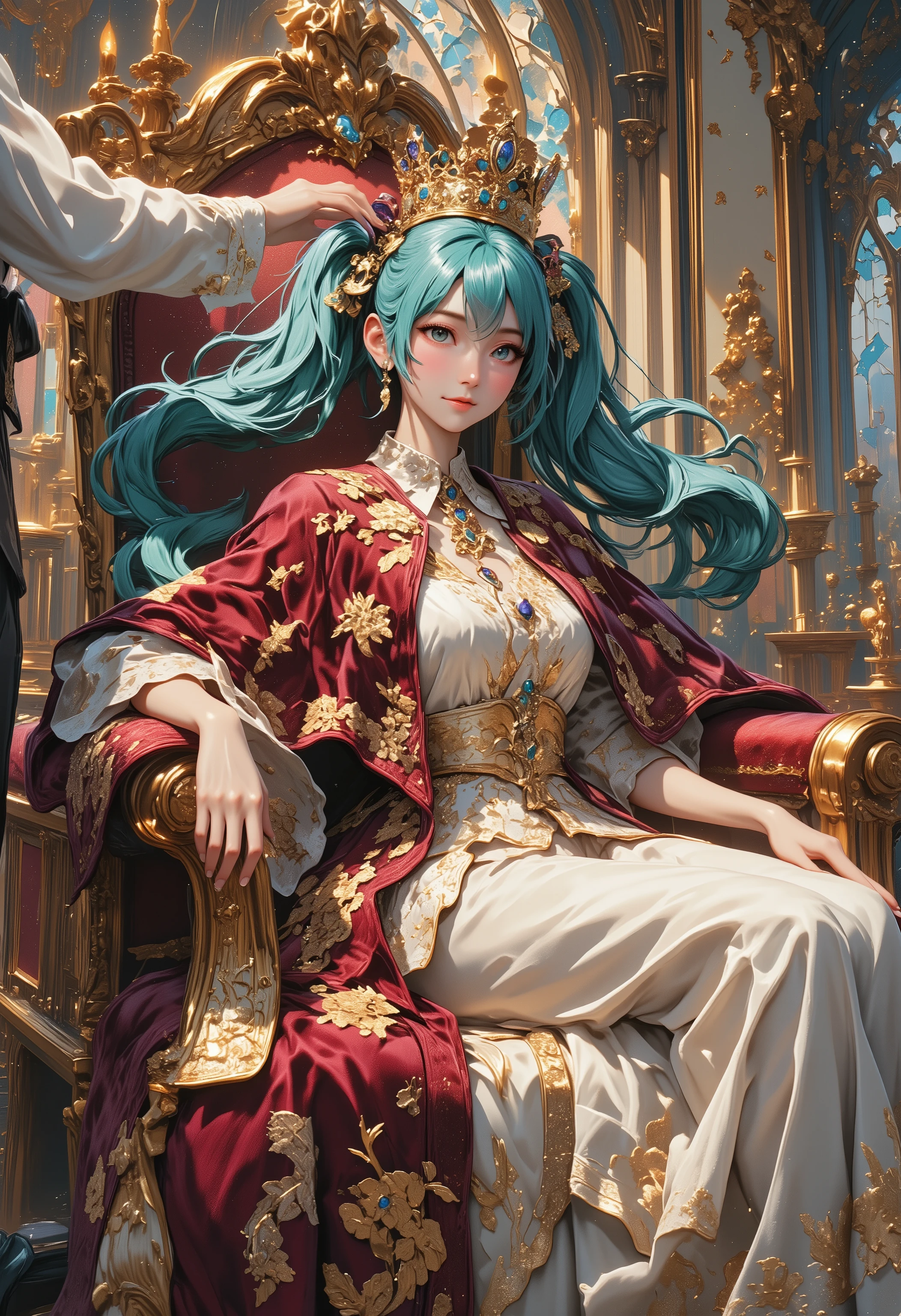 "Hatsune Miku as a European queen seated on baroque throne, iconic aqua twin-tails with pearl accessories. Wearing silk damask gown with gold-embroidered crimson velvet cloak. Attendant holding jewel-encrusted crown above her head, background with marble columns and stained glass. Candlelight casting warm glow through silk drapes, Rembrandt lighting with chiaroscuro effect, oil painting texture visible in gilt decorations and velvet fabric details, intricate brocade patterns rendered in impasto style."