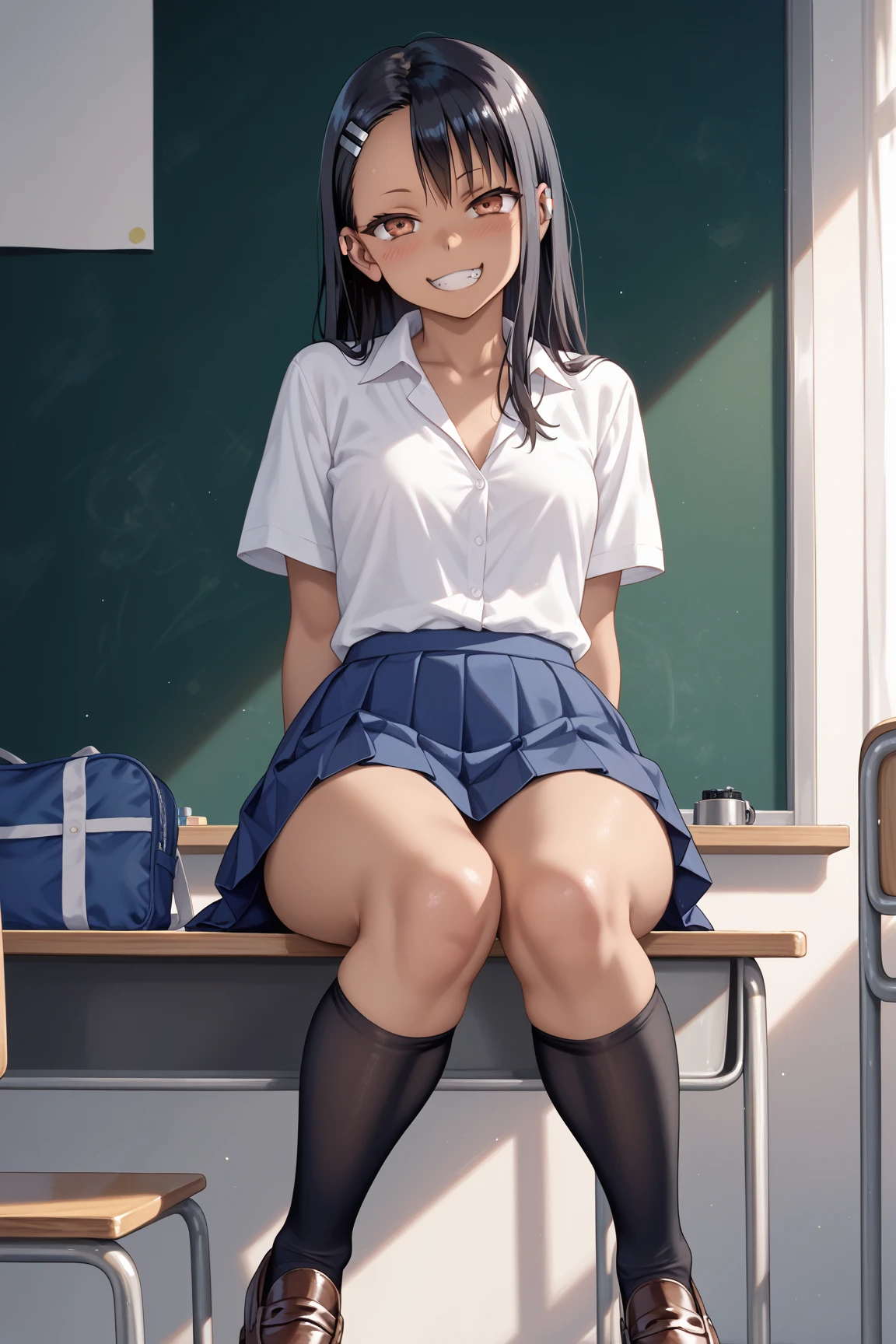 buzzer、thick、Sweat、、high school girl、Low length、(((((Eyes hidden by long bangs)))))、(((Long black hair:1.2　hair band)))(((Black-rimmed glasses:1.2　black eye)))、Strong sunlight、thickbuzzerの昼間、Dazzling sunlight、Look at this、glamorous、Checked mini skirt、Navy knit vest、sneakers、Skirt flip、Showing sexy panties、Flip up your skirt with both hands、indoor, classroom, School desk, window, School Chair, curtain, Natural Fingers、An empty classroom、Sitting at a desk in the classroom、Spread your leg-shaped legs、Open up、White panties、Embarrassed、Plump