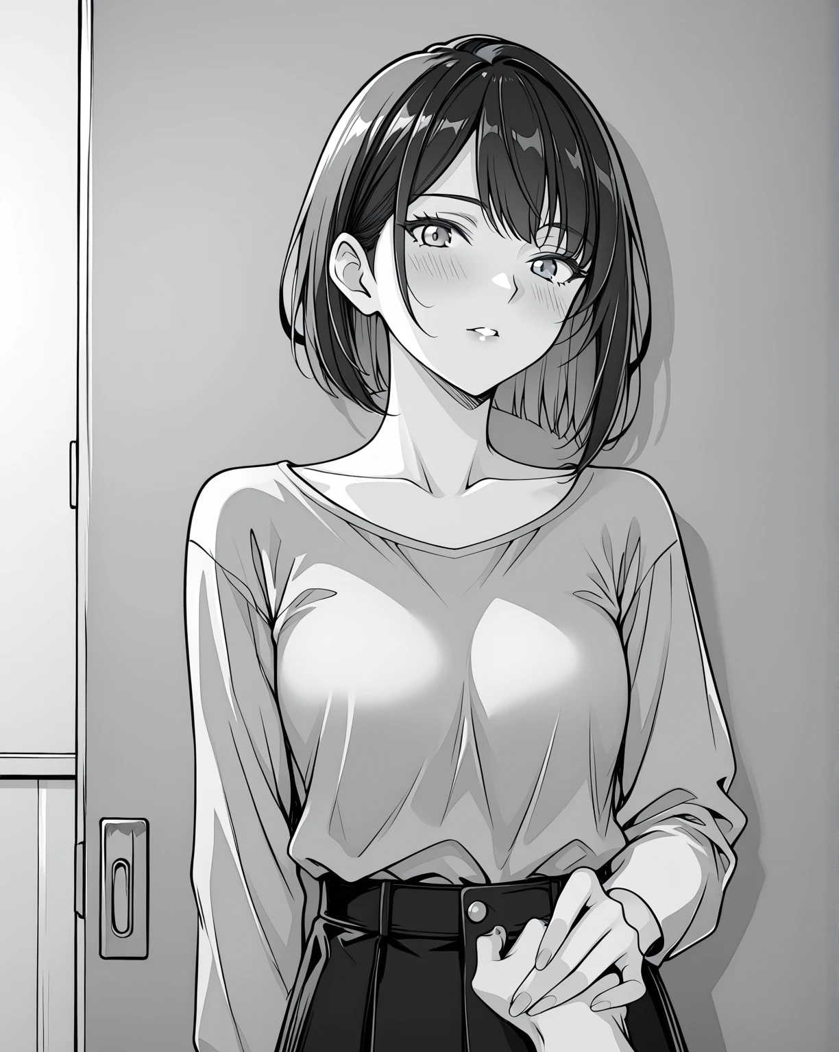 1woman, female, age 19, student, detailed eyes, quality eyes, ((shirt:1.1), short sleeves), (Untucked Shirt:1.7), (masterpiece:1.2), ((best quality)), ultra-detailed, untucked shirt, long pencil skirt, (pencil skirt:1), full body, anime line art, line art, manga, (monochrome:2), hight quality, detailed