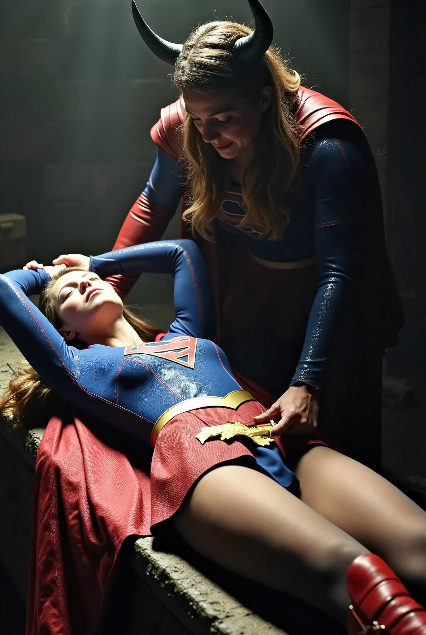 Melissa Benoist as Supergirl, she is lying on an altar of sacrifice, eyes close, unconscious, her arms are tied overhead, she is wearing a Supergirl costume, ((blue shirt and red skirt)), red cape, red skirt and blue panties, pantyhose, red long boots, the devil is bending beside to touch her body, in the dungeon,