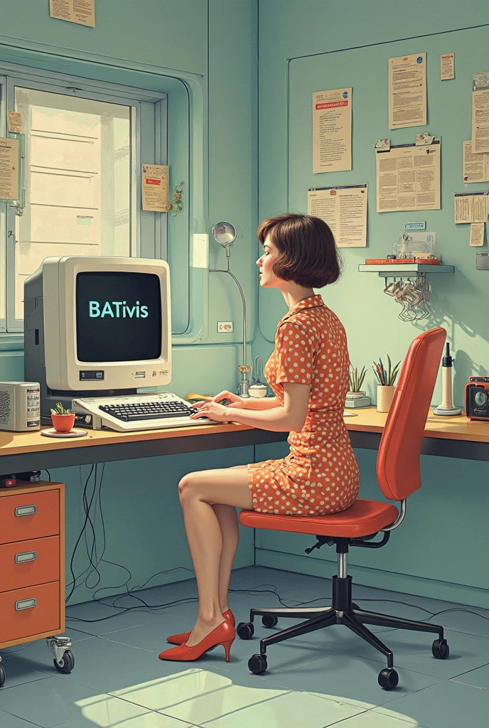 <lora:Pinup_Art:0.9> Pinup Art of a retro woman using a retro computer. The screen display a text "CIVITAI". Stockings