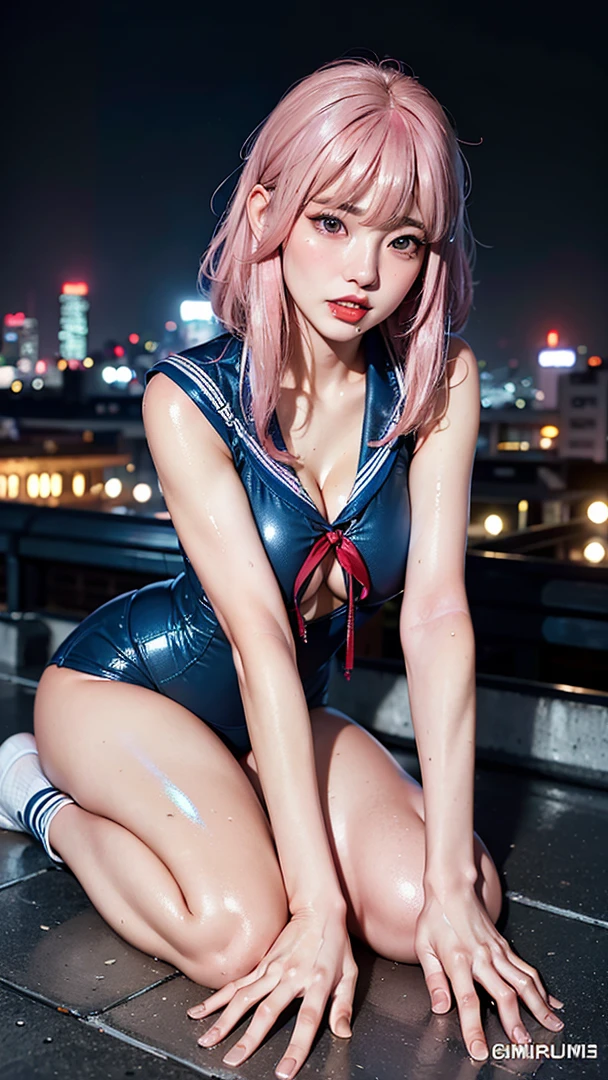 Fashion photography, model, full body , sudden click, camara distance 50 m , nice legs , Cute girl short pink hair, with bows on each side of the hair, all her hair short pink , with a star clip in her pink hair, light colored eyes, pretty eyes, crying eyes, pretty, upturned nose, watery nose, Pretty lips, pink lips, heart and cupid shaped lip, pretty skin, pale, White skin, with moles and freckles all over his face, soft pink blush on the cheeks, natural pink blush, soft pink makeup, Jennie, nice neck, marked collar, frown, tender look, with a kiss necklace, while having a bare abdomen, Delgado, marked and pretty, (big breasts, soft breasts, nice breasts), wearing a Blue white t-shirt, panties , night look, city light, photorealism, 8k , photorealistic