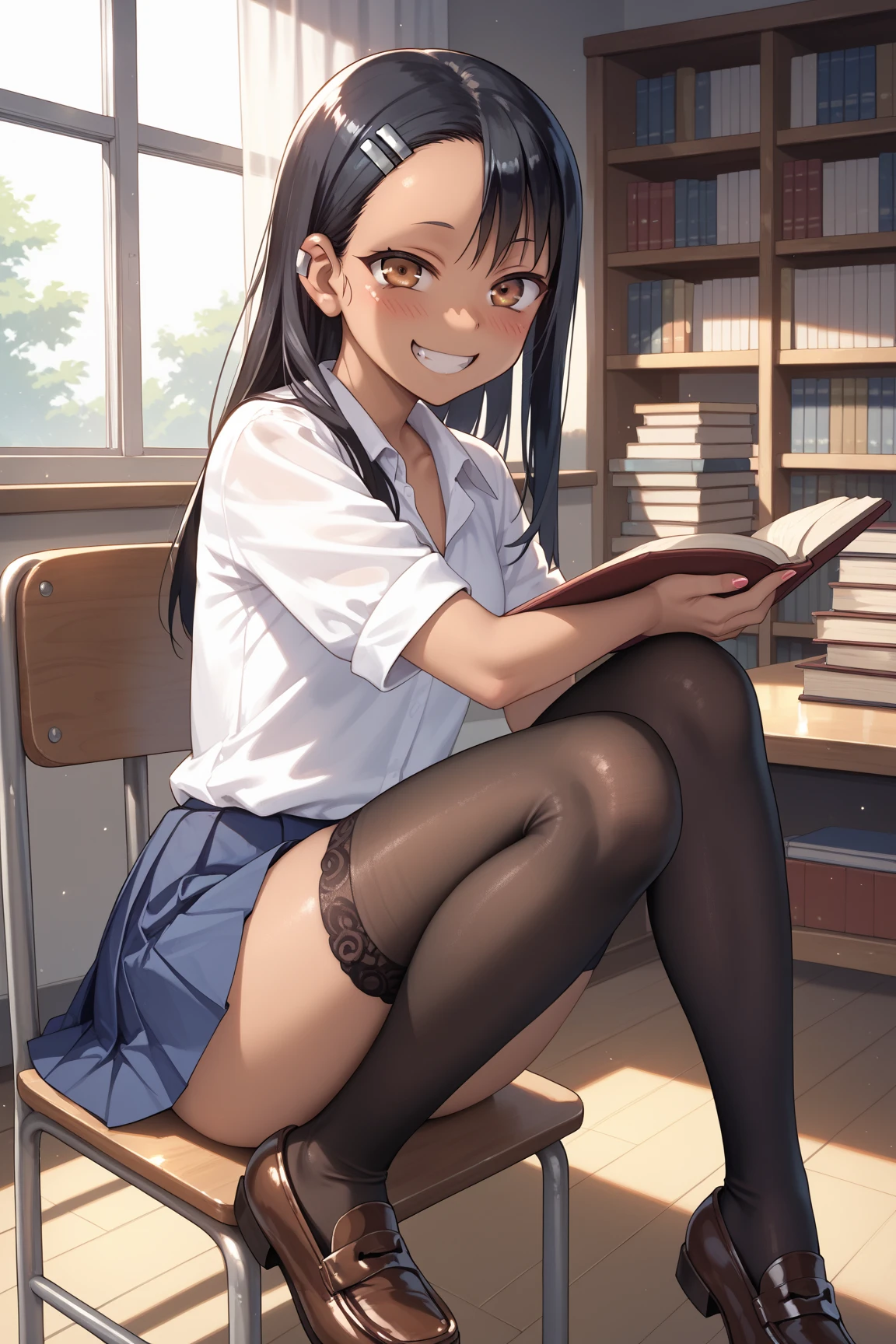 Sitting,Pantyhose,high school girl,library,Zoom on the soles of bare feet after removing shoes,Angle from below