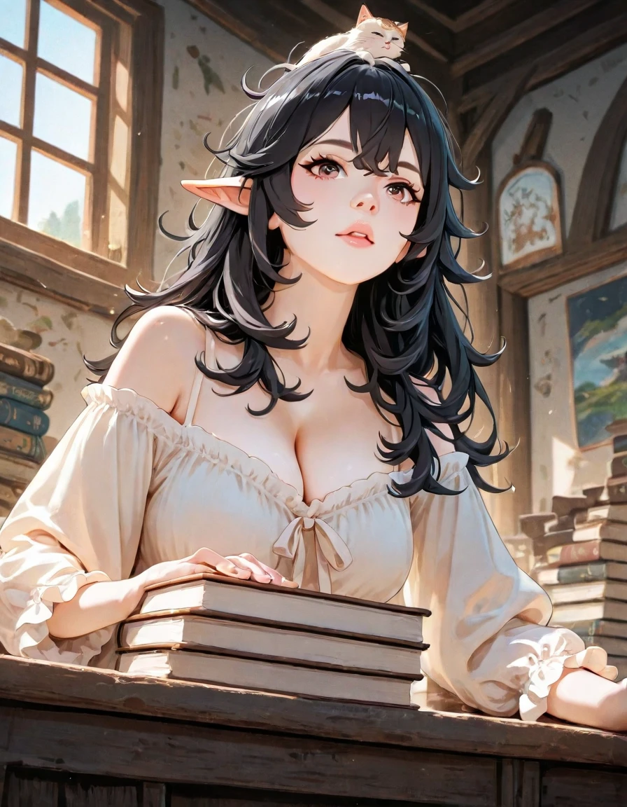 (best quality, highres, ultra-detailed), (realistic:1.37), black hair, silver eyes, elf female, dim candle lit tavern, mystical atmosphere, graceful posture, intricate braided hairstyle, ornate earrings, ethereal beauty, soft candlelight shadows, gentle smiles, vibrant colors, fantasy setting, captivating gaze, enchanting atmosphere, delicate features, elegant attire, magical aura, shining silver jewelry, fantasy artwork, magical creatures, elven world, mysterious charm