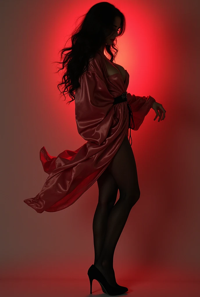 Close-up view of A big gorgeous real fairy in beautiful glowing red colour fairy frock smiling face tall thick body(hands on face)long black hair,full crystal magic  heels (bedroom scenary) fireflies in the dark scenary 