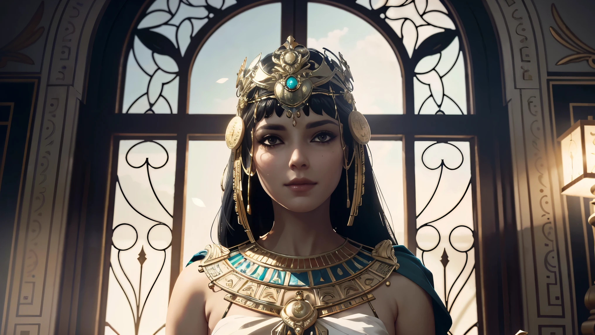 A semi-realistic digital painting of Cleopatra standing in her royal chamber, wearing a golden crown and elaborate Egyptian jewelry. She holds a scroll in one hand and gazes out of a large stone-framed window as sunlight casts shadows on her face. Ornate columns and papyrus scrolls surround her. Dramatic lighting, cinematic composition, 16:9 aspect ratio.
