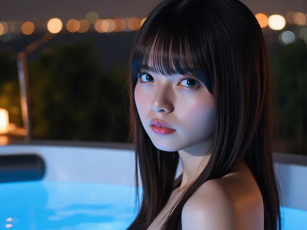 (4k, 8k, best quality, masterpiece:1.2), (hyper realistic, realistic, photo-realistic:1.4), ultra-detailed, 1 girl, solo, beautiful detailed sky, night, sitting, dating, (nose blush), (smile), (flat breasts, small breasts:1.3), beautiful detailed eyes,(shirt:1.1), night, wet, rain, full body, cute ,(black hair, red dress:1.4), arms behind back, (pool, night time, night sky, stars) (korean, korean girl, asian, asian girl:1.2)