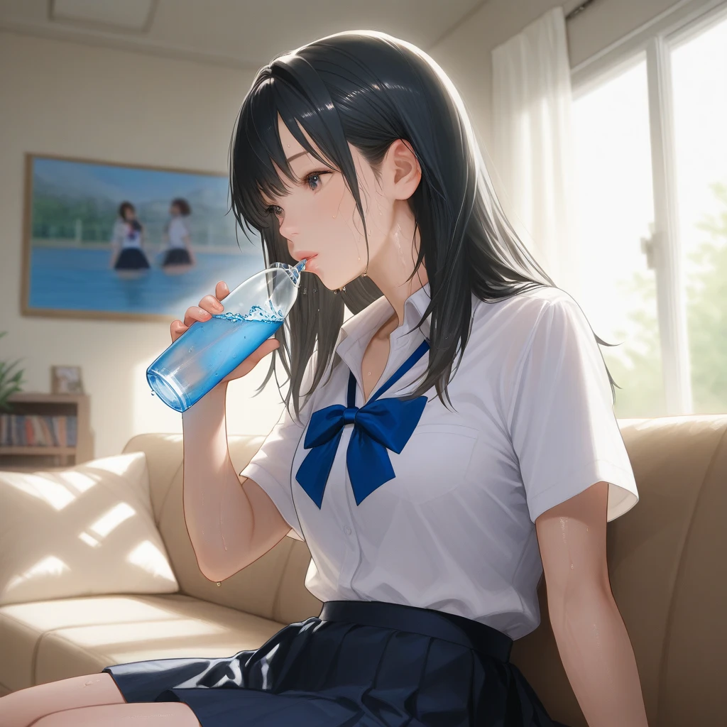 (watercolor:1.2), watercolor, One Girl, alone, Long Hair, skirt, , Bottle, Black Hair, clock, Seraphim, neckerchief, Holding, wristclock, Holding Bottle, pleated skirt, drinking, Sweat, Alone in a room, shirt, profile, Short sleeve, water Bottle, Painting \(Moderate\), white shirt, Sailor collar, blush, black skirt, From the side, Day, Sitting on the couch, Cowboy Shot, Day光, Brown eyes, bangs, chest, Pink Nails、relax