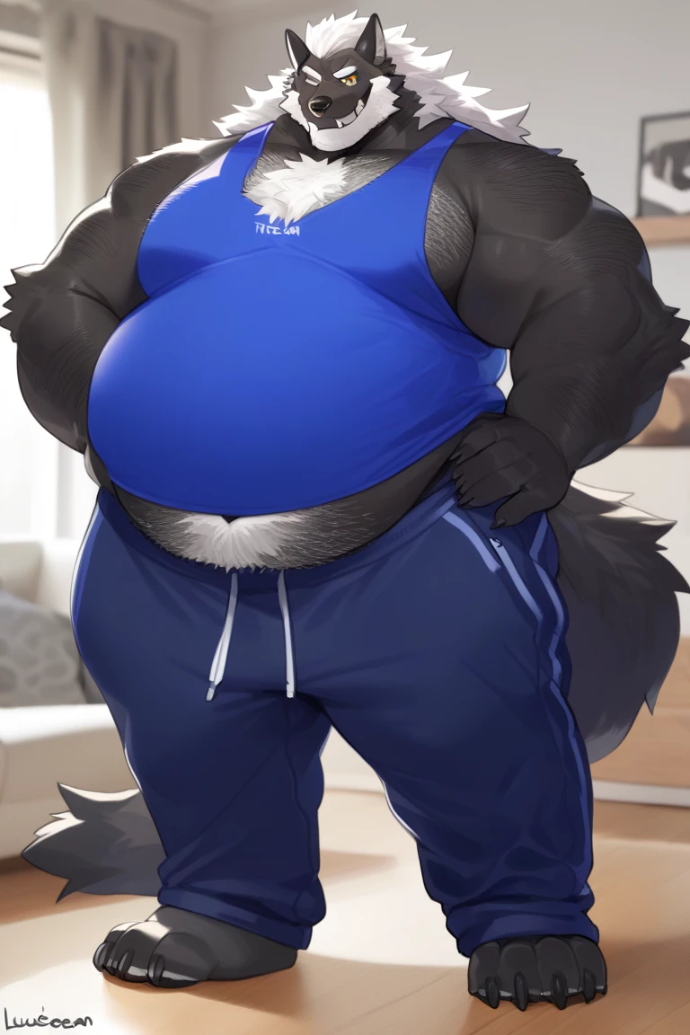 4k ultra quality, 4k full body view,(ultra high detailed body),muscular wolf,by mystikfox61, by glitter trap boy, by bebebebebe,by morethreedee, by seibear,(thick thigh),(chubby thigh),wide shoulder,thicc thigh,thick legs,chubby legs,thicc legs,massive butt,enomorous thigh,massive thigh,massive legs,thick lower legs,wide legs,(detailed thigh),wide thigh,sharp nails,((sfw)),(ultra detailed face),detailed eyes,big tail,fluffy tail,(detailed tail),enomorous tail,bigger tail,huge tail,volumetric light,big paws,(thick paws),fluffy paws,furry paws,enomorous paws,((long legs)),master works, super fine, 4k resolution, high quality,high picture detail,dark fantasy,illusory engine, Masterpiece,front view,faint lighting,wide body,enomorous body,wearing T-shirt,tight T-shirt,wearing shorts,tight shorts,huge bulge,standing in kitchen,male,enomorous body