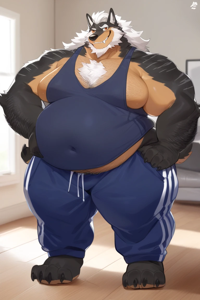 ((solo)), anthro wolf , Legoshi, beatsars, adult, dense fat, bara (fat:1.1), (correct anatomy:)2.8, (soft body):1.0, (detailed fur texture:1.3), background (gym:1.0), (black sweatpants), (bare torso), mall, bare paws, Large belly,(vore belly size:1.5) (detailed clothing), ultradetailed, by grimfaust, A person squirming around in his belly, natural lighting, (sweat:0.5, wet:0.2, lots of sweat dripping down), vascular veins, canine head (detailed eyes), (steaming breath:1.2), ((pleased:1.4) expression), (view from below:0.5),best quality, detailed vore belly,