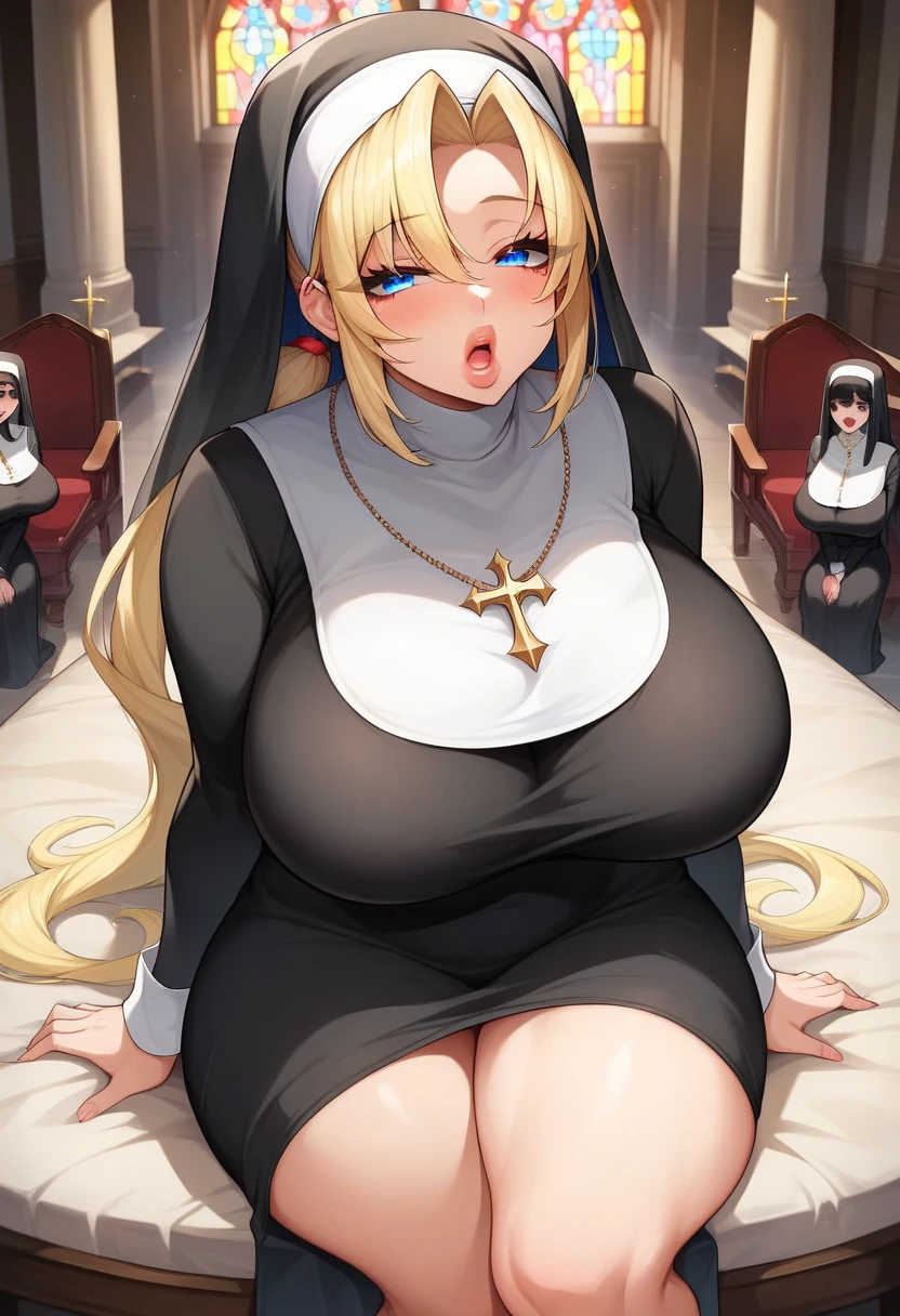 Score_9, score_8_up, score_7_up, score_6_up, score_5_up, score_4_up, source_anime, cute nun girl, closed eyes, nun robe, nun hood, sleeveless, sagging huge breasts, huge dark areolae, areola slip, long nipple, dark nipple, hairy stomach hair, wide hip, thick thighs, hairy armpit hair, Japanese, cute Japanese, anime girl, hentai, sweating, heart mark words, smelly, crowded kids, penis, hentai, cum shot, bukkake, neon signs, night, in dirty street, praying,  bukkake everywhere, blonde, midriff-baring, kneeling, cum shot on wall, nipple piercing, money, anime atmosphere, bukkake on head, lighting cross, praying hand, vibrator