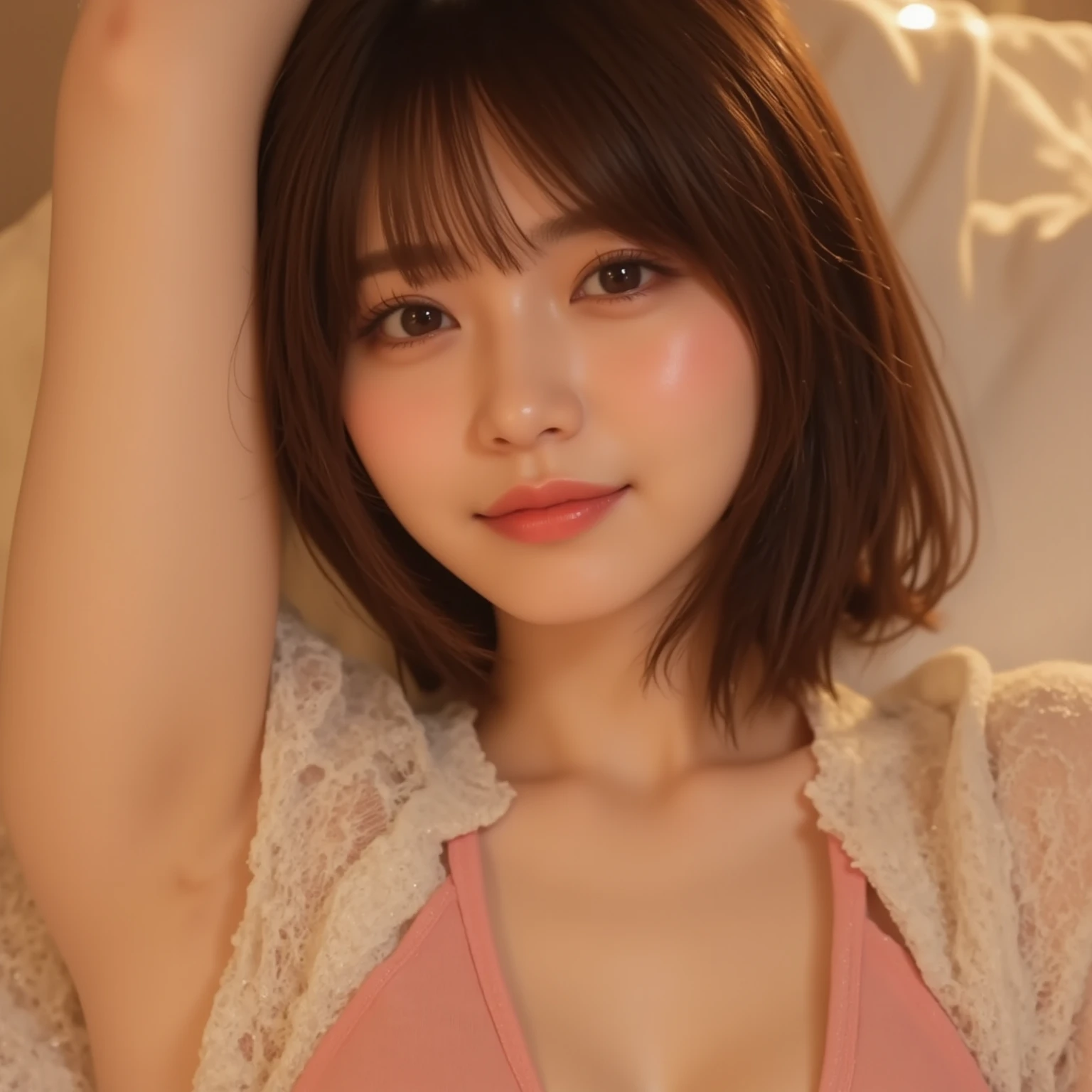(8k, RAW photography, Best Quality, High Definition: 1.1), (Hyperrealistic:1.4), (Realistic, Photorealistic:1.3), Soft light, Beautiful woman with perfect body: 1.4, (Beauty with slender abs: 1.4), ((Layered haircut, Big tits: 1.8)), Underage girl, , Big tits, Big eyes, Pupil highlight, pronounced double eyelids, eyelashes, realistic face, realistic body, realistic skin, absurdity, masterpiece, break, makeup, (lipstick: 1.1), (eyeliner: 1.2), mascara, eyeshadow, glamour, big, brown hair with blonde hair, medium hair, asymmetrical hair, wavy hair, asymmetrical bangs, sound sleep, lying in bed, bikini, Full body, shiny skin, beautiful delicate face, sexy expression, coquettish smile, happy smile, gloss, cleavage, black hair, highly detailed face and skin texture, exposed shoulders, cute face, ulzzang-6500-v1.1