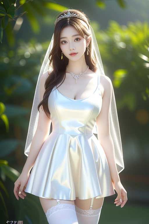 Crie uma mulher branca com seios gg bem gostosos em um vestido um pouco transparente com um belo decote e elegante.