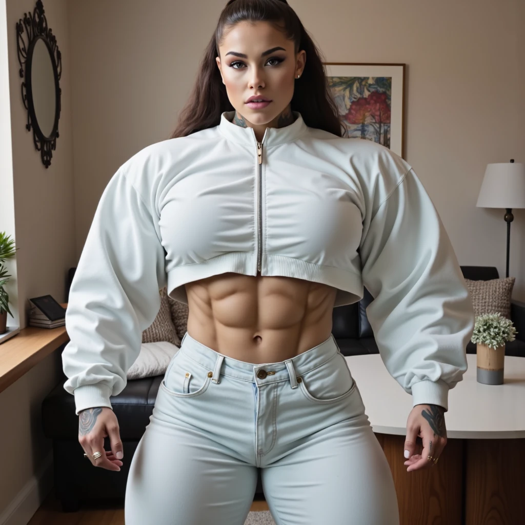 Maria Grazia Cucinotta,, Generate a full length fashion portrait of a heavily muscled iff pro female bodybuilder , her makeup, hair, she is dressed in a tight silver sleek sweater, tight silver sleek miniskirt, white knee high socks, lighting, environment