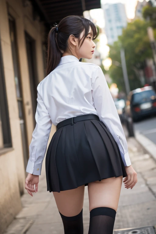 1girl in、(Super beautiful)、(beauitful face:1.5)、Japanese high school  girl、(Back view)、(is standing)、(Full body shot)、(Show me your ass:1.3)、with spreading legs、(Face turns around:1.3)、(Looking at the camera)、(A detailed face:1.8)、(A detailed eye:1.5)、(Detailed lips:1.5)、(Detailed nose:1.5)、(Sky from below:1.4)、(Showing white panties:1.3)、(high-school uniform)、(plaid skirts:1.2)、(Sidewalks in Shibuya)、(At SFW:1.3)