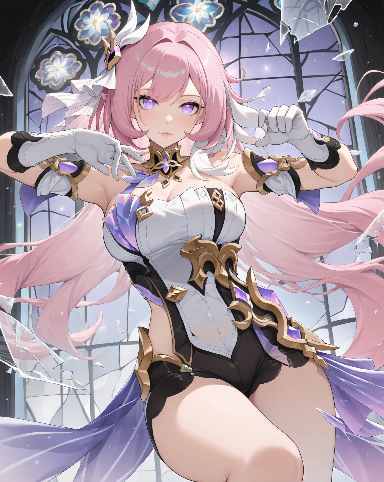 ((Masterpiece)), (best quality), highres, ultra detailed, gradient, dynamic pose, wide shot, golden ratio, super cute girl, (mature girl), super beautiful girl with super cute and sexy face, (super cute face expression), most beautiful warrior girl, with most beautiful shiny violet eyes, very detailed and expressive eyes, super beautiful long green hair, twin tails, very delicate and gorgeous, very delicate and beautiful hands and fingers, wearing a super girly white tight bodysuit, beautiful pink crystal boots, very powerful and beautiful outfit, with a super beautiful magical rod, with beautiful powers, in a divine realm full of combat, mesmerizing and enchanting