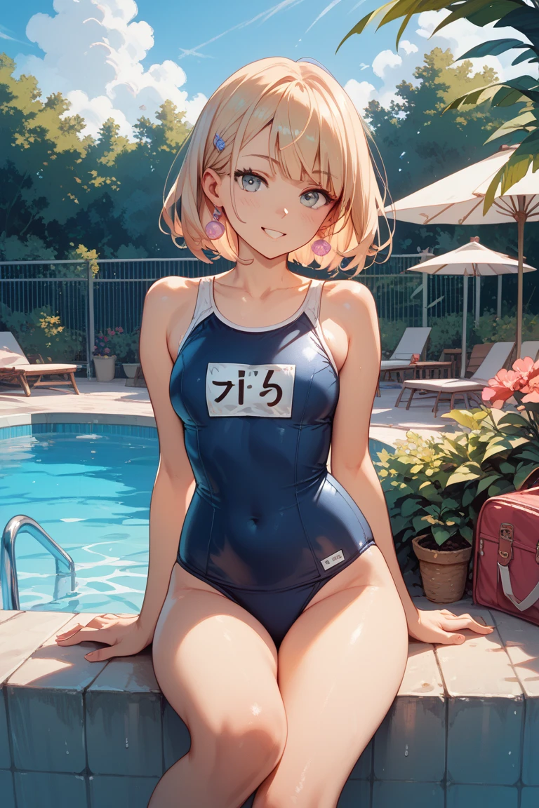 anime style、1 girl、Kagamine Rin、smile、random pose、(tiny chest:1.1),  school swimwear