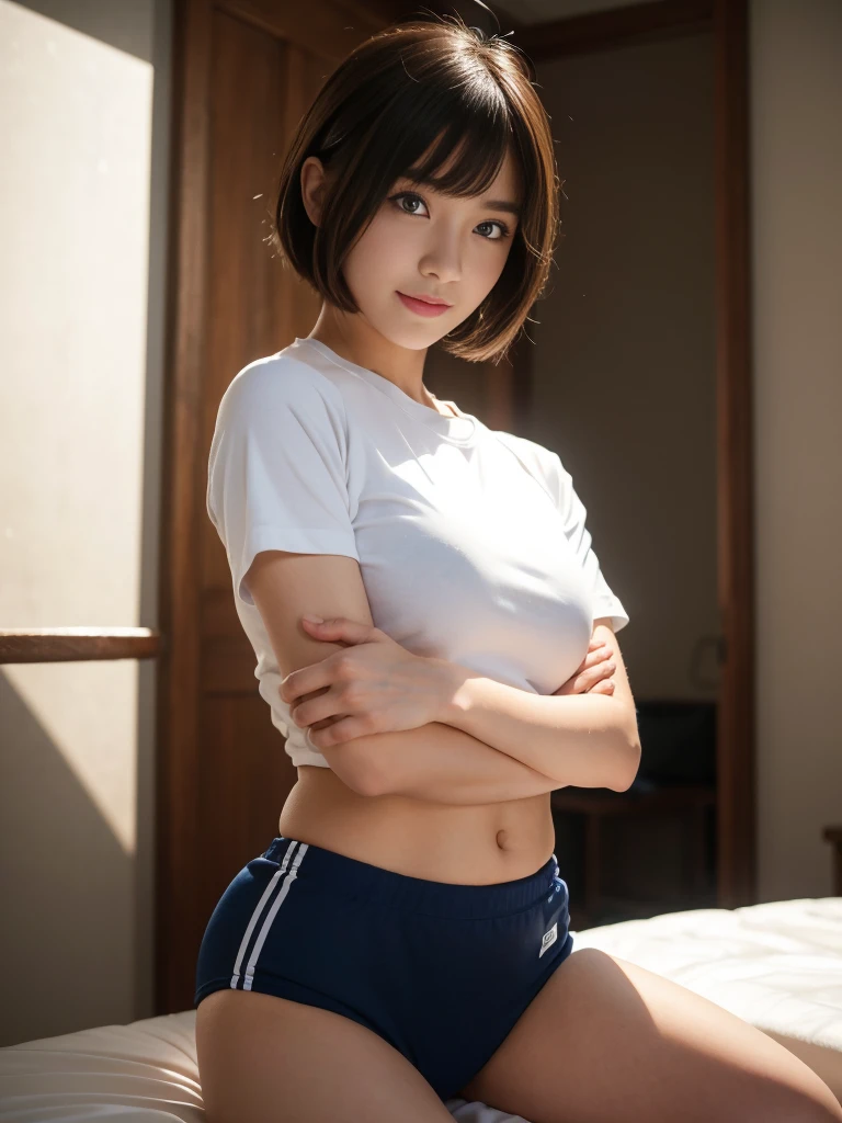 (masterpiece:1.3), (8K、Realistic, RAW Photos, Highest quality:1.2), (alone), (1 Girl), (cute:1.3), (Very beautiful 14 year old Japanese girl), nice smile, Red cheeks,Bedroom、 (Skin with attention to detail: 1.2), Photorealistic Anime Girl Rendering, Realistic anime 3D style, Beautiful brown hair,Twin tails, Intense black eyes, Strong eye highlights, (Accurate and natural large breast size), Perfect Anatomy, Bowl Cut, Blunt bangs, (Bloomers), (Old fashioned sportswear), (White tight short sleeve shirt, Dark blue short tight shorts), Accurate Arm, Five Fingers, Accurate legs, On the bench, get up, Bloomersを見せびらかす, Small area sportswear, Volumetric lighting, Soft Light, bright, neon, bright色
