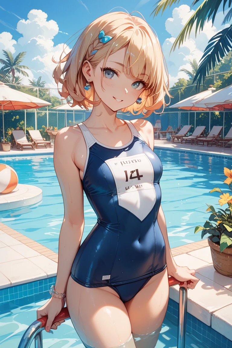 High quality、highest quality、complete limbs、Ultra high definition、Shining eyes、Full hands and fingers、slender beauty、embarrassed expression、Wearing a school swimsuit、shiny skin