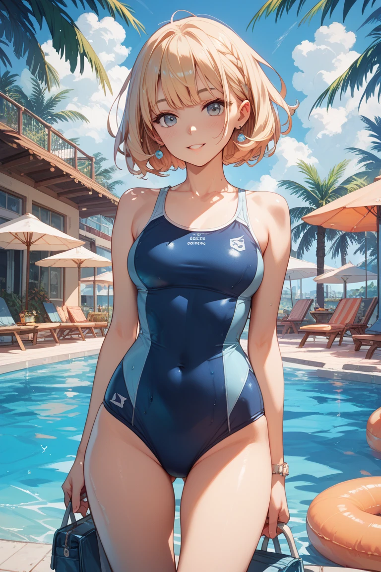 Android１８Number、School Swimsuit、Beauty、UHD, retina, masterpiece, accurate, anatomically correct, textured skin, super detail, high details, high quality, best quality, highres, 8k