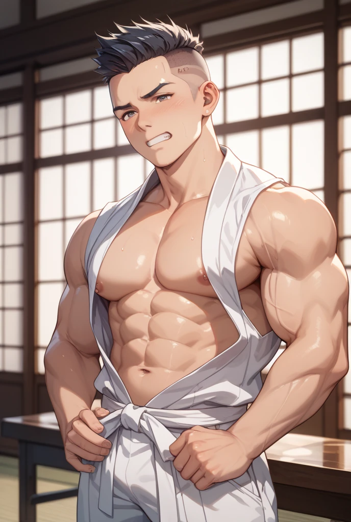 ((A young adult blond male with huge manly sagging pecs wearing breastin outfit)), he is posing seductively bystanders watching him, NSFW, yaoi, hentairn, his is erend liftingugh curtaess, (artstyle inspired by nucarnival), very erotic shot, visible testicles,