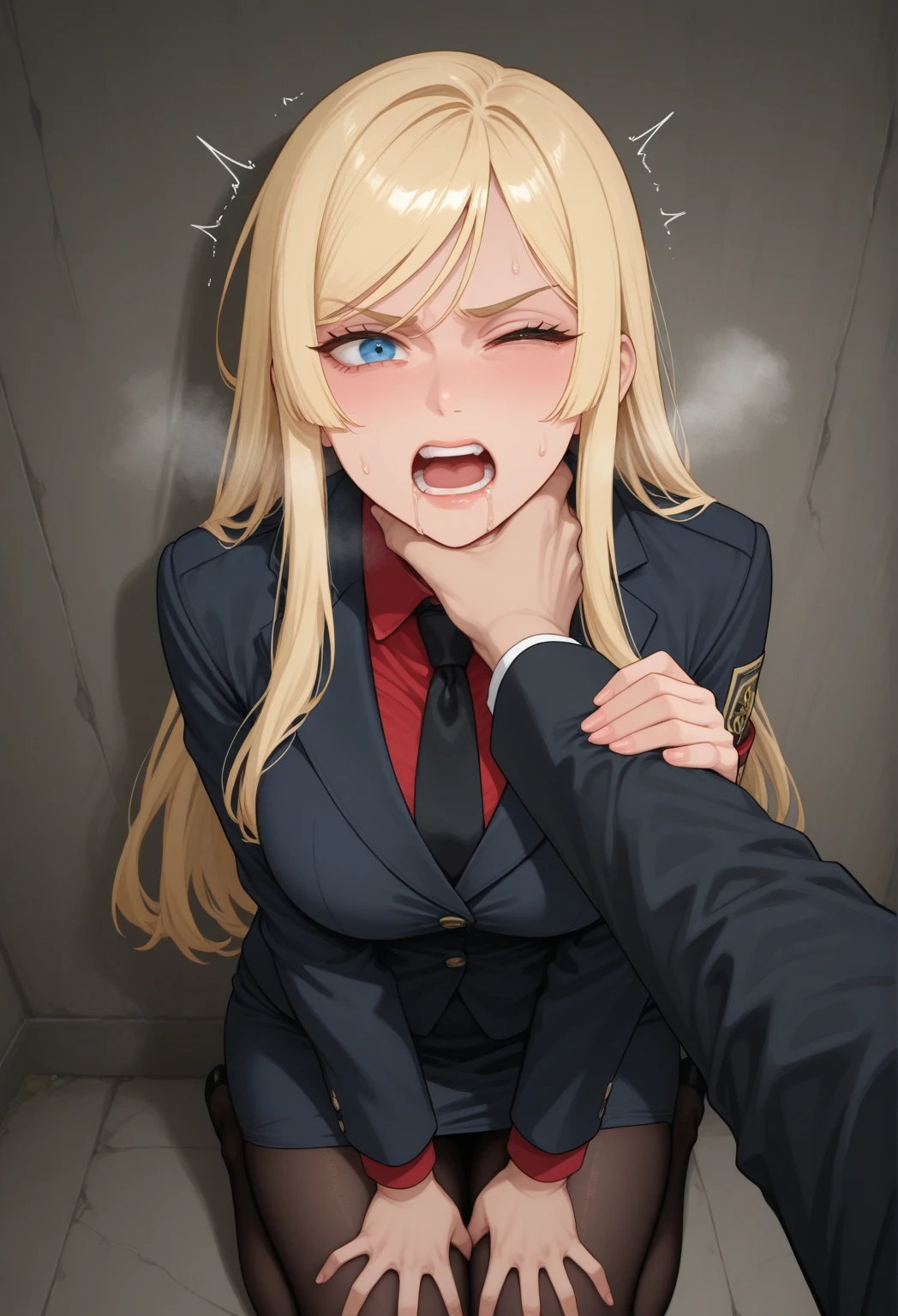 masterpiece, absurdres, 1girl, enome, length hair, floating hair, blonde hair, large breasts, breasts out,Bound, Bondage, (arms behind back:1.4), BDSM, tape, TAPE BONDAGE, close-up, srestrained, best anatomy, Curled up, embarrassed face, shout, Upper body, blushing face, humiliation, mouth gagged, desperate,  (front), (men touching her), holding hair, pov hand pulling hair, hair played, hair toying, (men raises her hair)