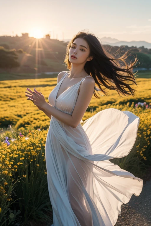 Realistic photography, 8k ,A beautiful and magical elemental girl with long flowing hair., Ethereal spiritual clothing, Walking through a field of crystal flowers amidst the dark rainbow moonlight, the flowers glowed brightly.