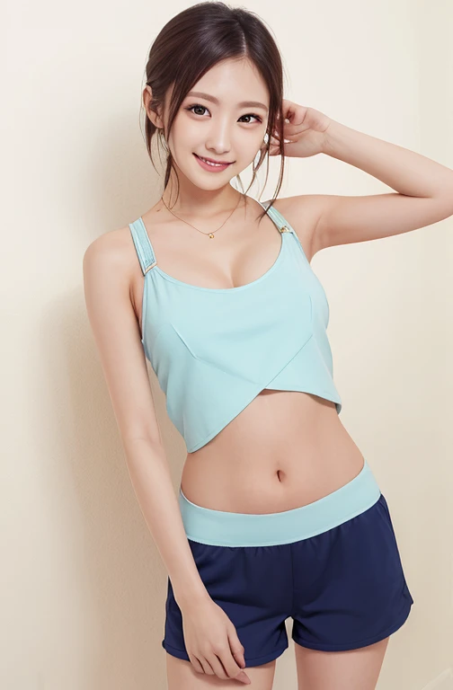 Beautiful photos of Suzuk1Air1_v2, masterpiece, Realistic, woman, detailed, 4K, Light, Raw color photography,(Completely in frame:1.1), whole body, (It gives me goosebumps:0.5),Asian,Idol,Smiling while wearing a white sleeveless sprint uniform, Short Bob, Twin tails, (detailedな、Transparent sportswear、I can see my belly button、Overexposure、Browsing Caution),
