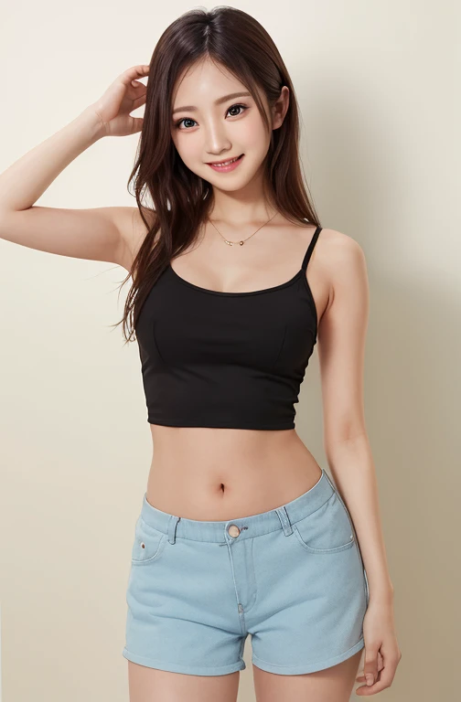 The beauty of 8K raw photos:2.0, Japanese woman, brown hair, beautiful face and dark eyes, looking up, looking at the viewer:1.5, big smile, wet hair, tiny top, put hands on the hip, (denim shorts:1.2), shinny skin, realistic:1.9, very detailed, full body shot:1.2, High resolution RAW color photos, professional photos, mono color wallpaper, standing,